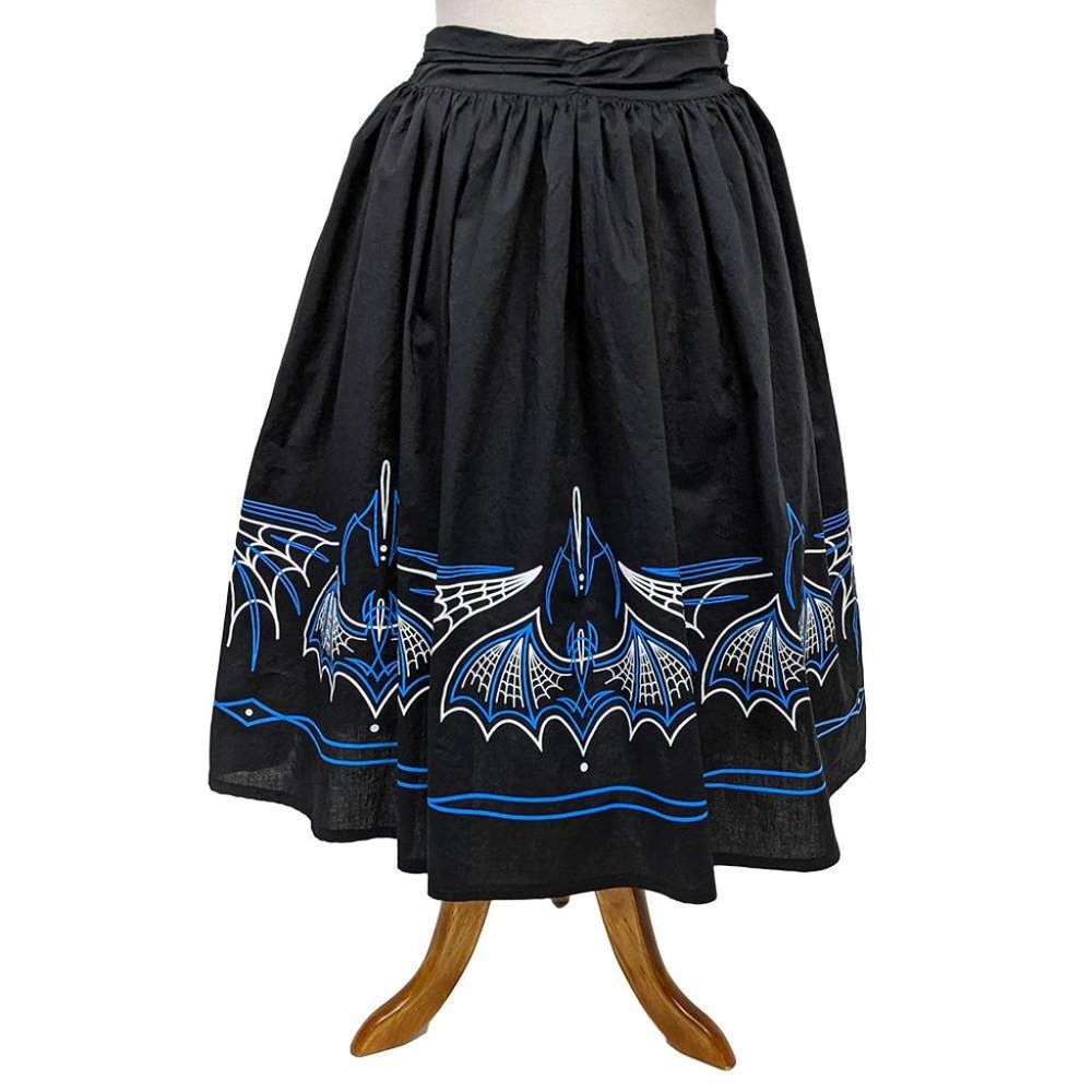Sourpuss Batty Pinstripe Skirt in Black & Blue - Picture 2 of 5